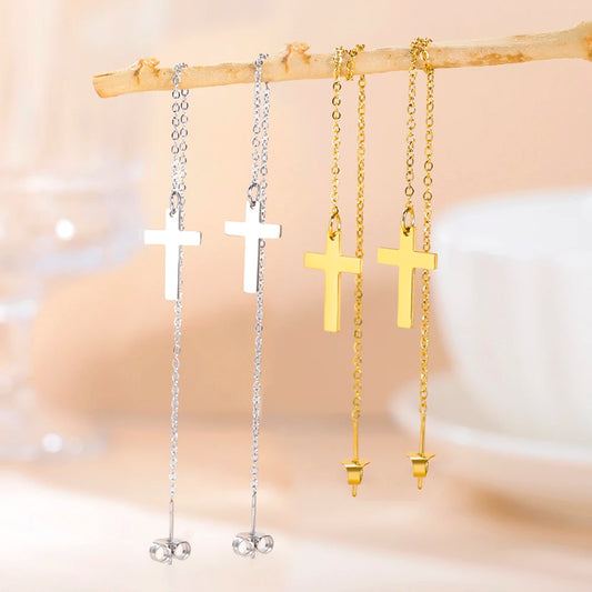 Dawapara Cross Long Earrings for Women Stainless Steel Tassel Earrings Christian Symbol Minimalism Cross Charm Religious Jewelry